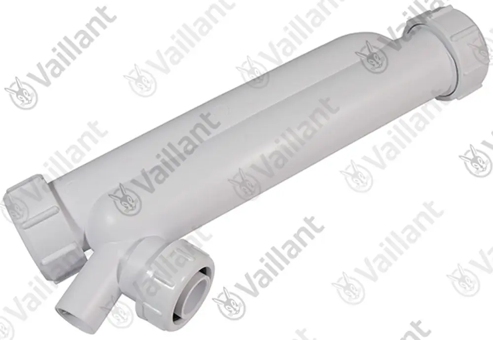Vaillant Siphon mit Anschlüssen, aus Kunststoff, mit zwei seitlichen Anschlüssen und einem Deckel.